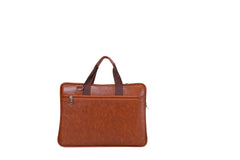 A light brownish-tan leather laptop briefcase or messenger bag