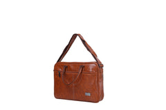 A light brownish-tan leather briefcase-style bag