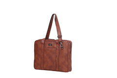 A light brownish-tan, textured leather-like laptop bag or briefcase