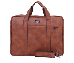 A light brownish-tan, textured leather-like laptop bag or briefcase