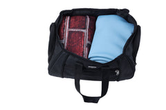 A black duffel bag is centered against a white background.