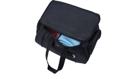 A black duffel bag is centered against a white background.