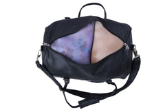 A full-shot of a black duffel bag.