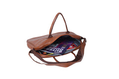 A light brownish-tan leather briefcase-style bag