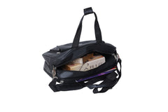 A black, travel duffel or tote bag is shown.