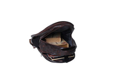 A full shot of a dark brown backpack.