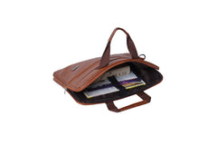 A light brownish-tan leather laptop briefcase or messenger bag