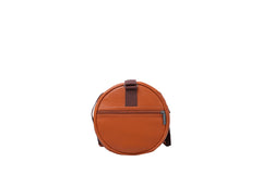 A light orange-brown, cylindrical duffel bag is centered against a plain white background