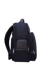 A full-front view of a dark brown backpack.