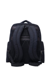 A full-front view of a dark brown backpack.