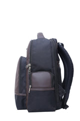 A full-front view of a dark brown backpack.