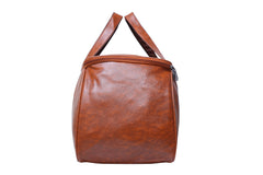 A medium-sized, light brown duffel bag is shown