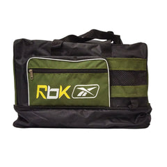 A large, rectangular duffel bag is shown. The bag is predominantly olive green