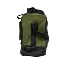 A large, rectangular duffel bag is shown. The bag is predominantly olive green