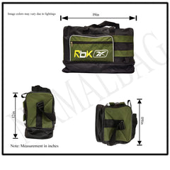 A large, rectangular duffel bag is shown. The bag is predominantly olive green