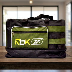 A large, rectangular duffel bag is shown. The bag is predominantly olive green