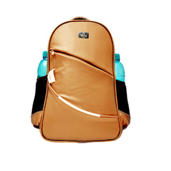 A light brownish-tan colored backpack is centered on a white background.