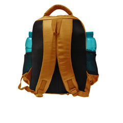 A light brownish-tan colored backpack is centered on a white background.