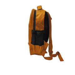 A light brownish-tan colored backpack is centered on a white background.