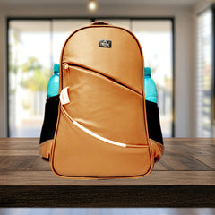 A light brownish-tan colored backpack is centered on a white background.