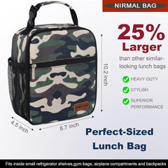 A rectangular, insulated lunch bag is presented.