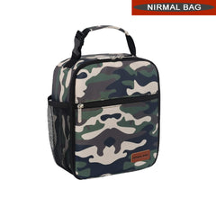 A rectangular, insulated lunch bag is presented.