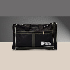 A black duffel bag is centered in the image.