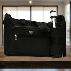 A black duffel bag is presented, featuring a simple design