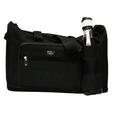 A black duffel bag is presented, featuring a simple design