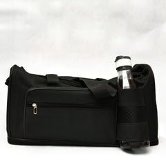A black duffel bag is presented, featuring a simple design