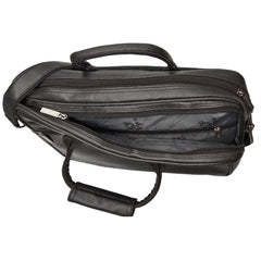 A black leather-like briefcase or laptop bag sits