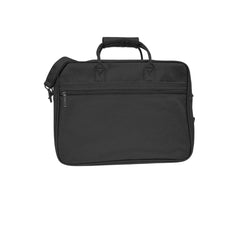 A black leather-like briefcase or laptop bag sits
