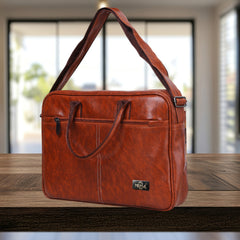 A light brownish-tan leather briefcase-style bag