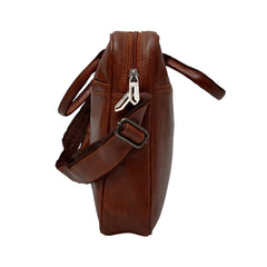 A brown leather-like messenger bag.