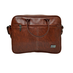 A brown leather-like messenger bag.
