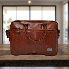 A brown leather-like messenger bag.