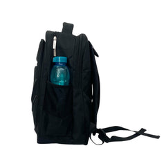 A black backpack with yellow accents.