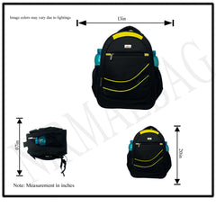 A black backpack with yellow accents.