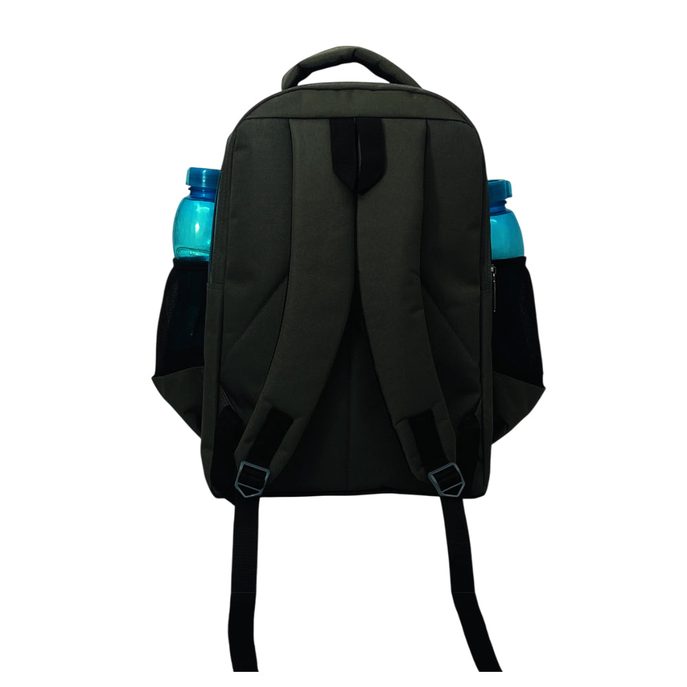 A black backpack with yellow accents.