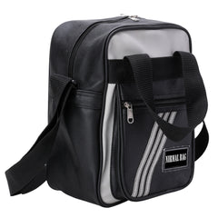 A black and gray crossbody bag.