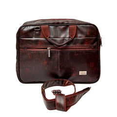 A dark-brown, faux-leather messenger bag is centrally positioned.