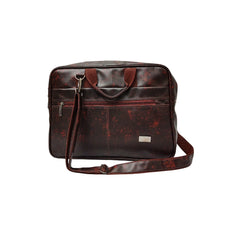 A dark-brown, faux-leather messenger bag is centrally positioned.