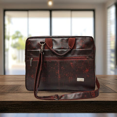 A dark-brown, faux-leather messenger bag is centrally positioned.