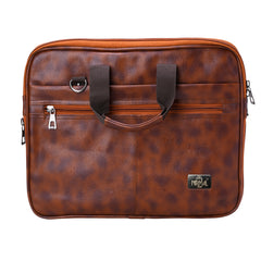 A medium-sized, light brown, leather-like laptop bag.