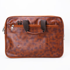 A medium-sized, light brown, leather-like laptop bag.