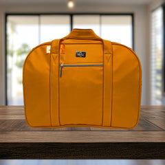A mustard-yellow or golden-orange duffel bag is pictured.