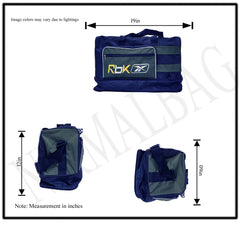 A navy blue duffel bag with a gray panel featuring the Reebok logo in white and yellow.