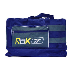 A navy blue duffel bag with a gray panel featuring the Reebok logo in white and yellow.