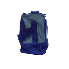 A navy blue duffel bag with a gray panel featuring the Reebok logo in white and yellow.