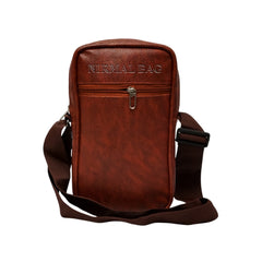 A brown, faux-leather crossbody bag
